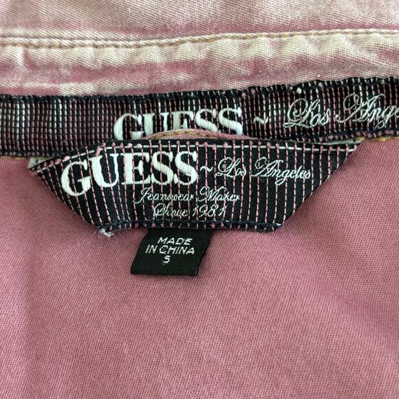 Guess Wms Small LS  Distressed Snap Front Pink Shirt Jacket Cinch Waist Grunge - Picture 3 of 9